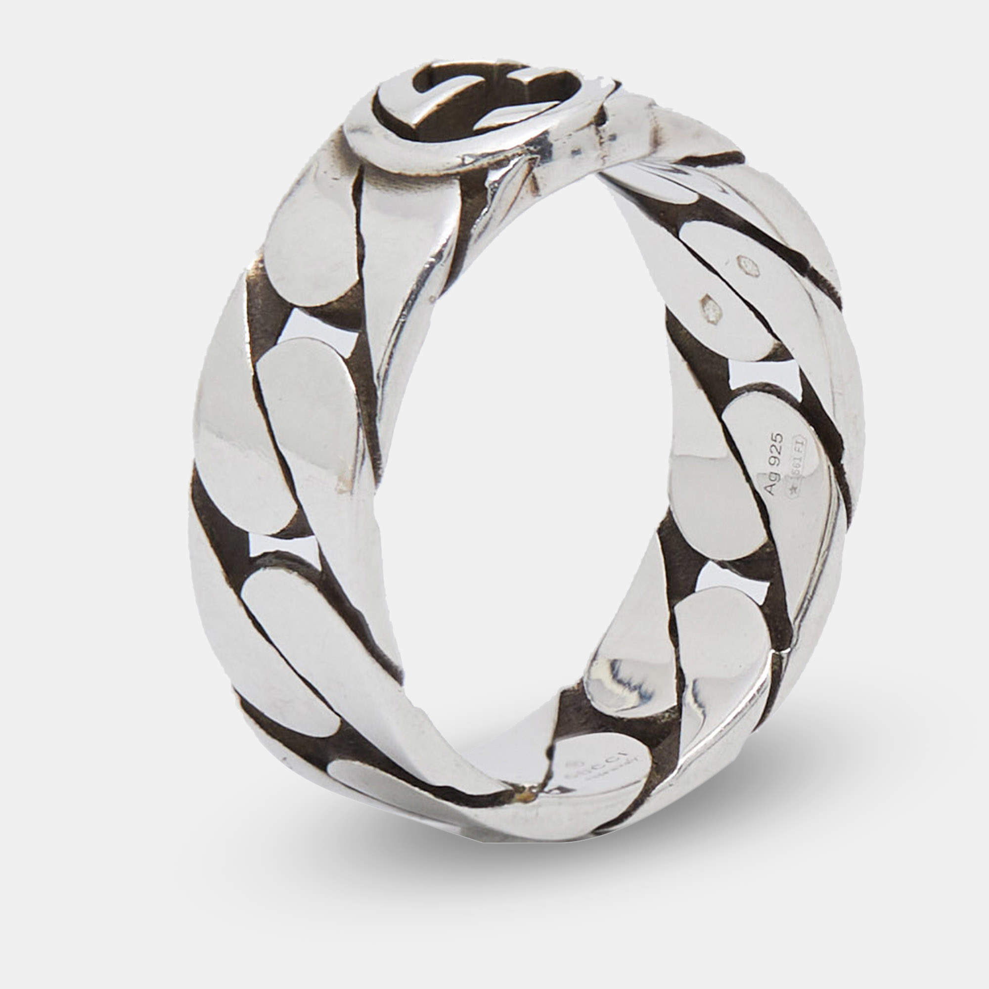 Pre Owned Gucci Interlocking G Chain Link Sterling Silver Ring Size 64