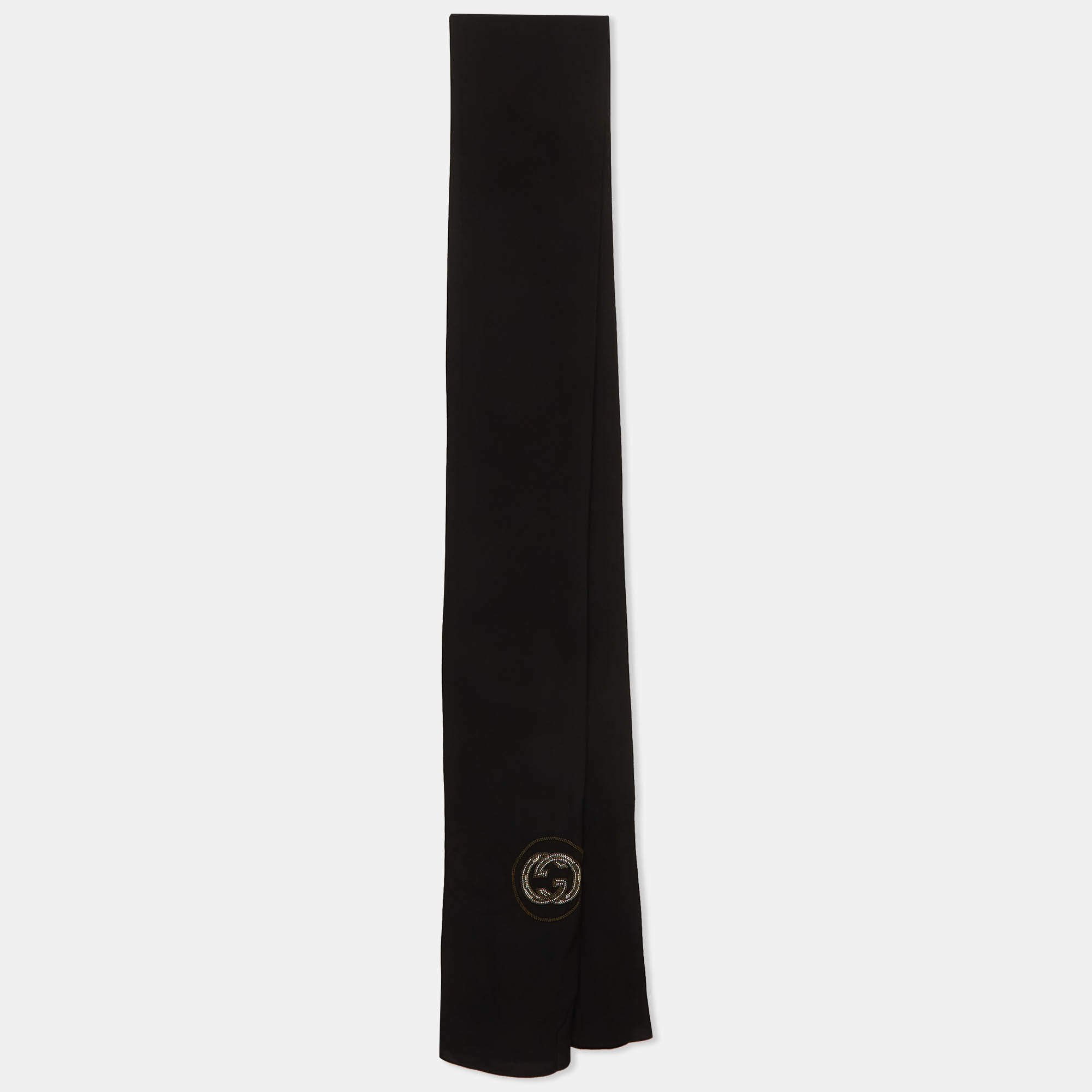 Pre Owned Gucci Black Logo Embellished Chiffon Stole 