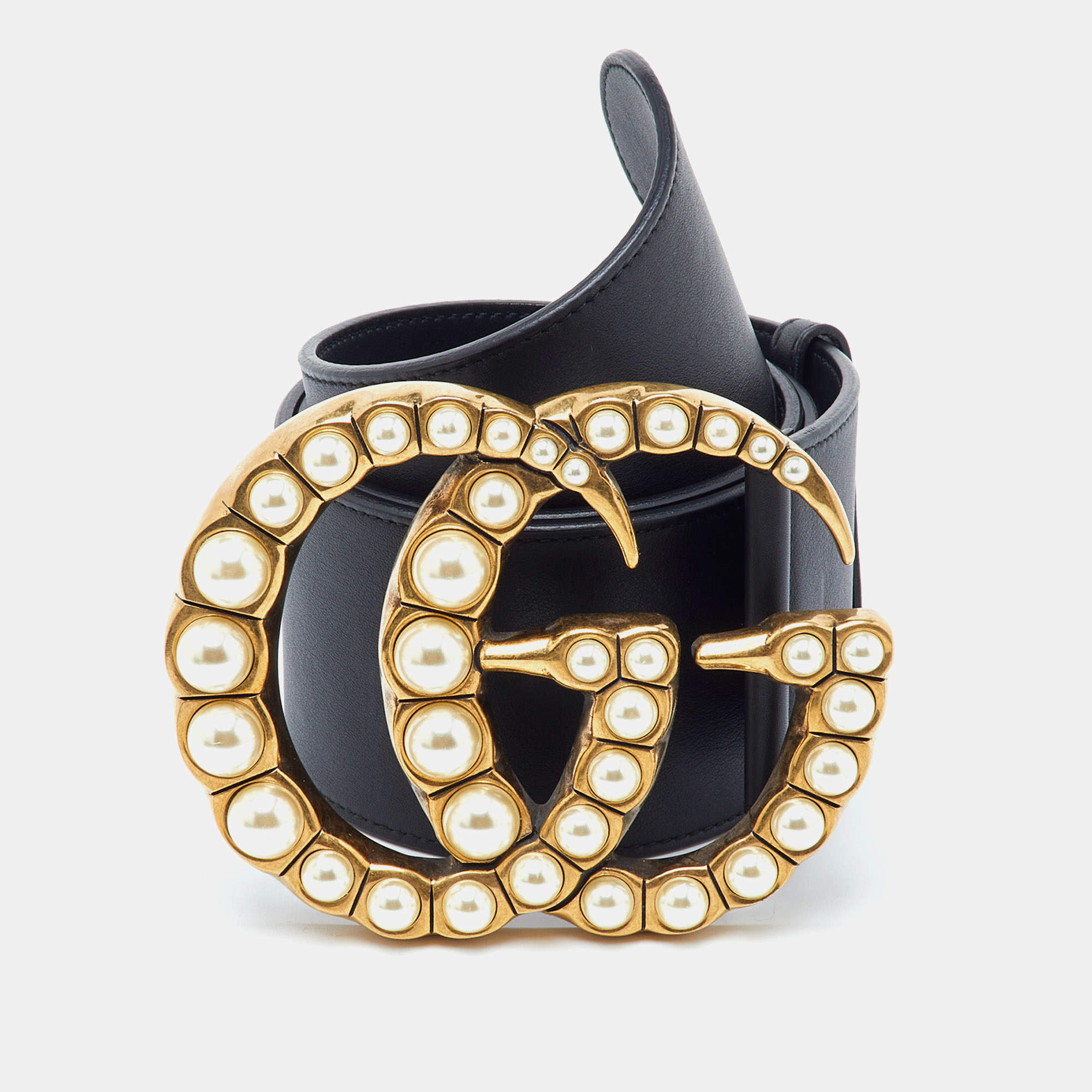 Pre Owned Gucci GG Marmont 90CM Black Leather Pearl Embellished Wide Waist Belt