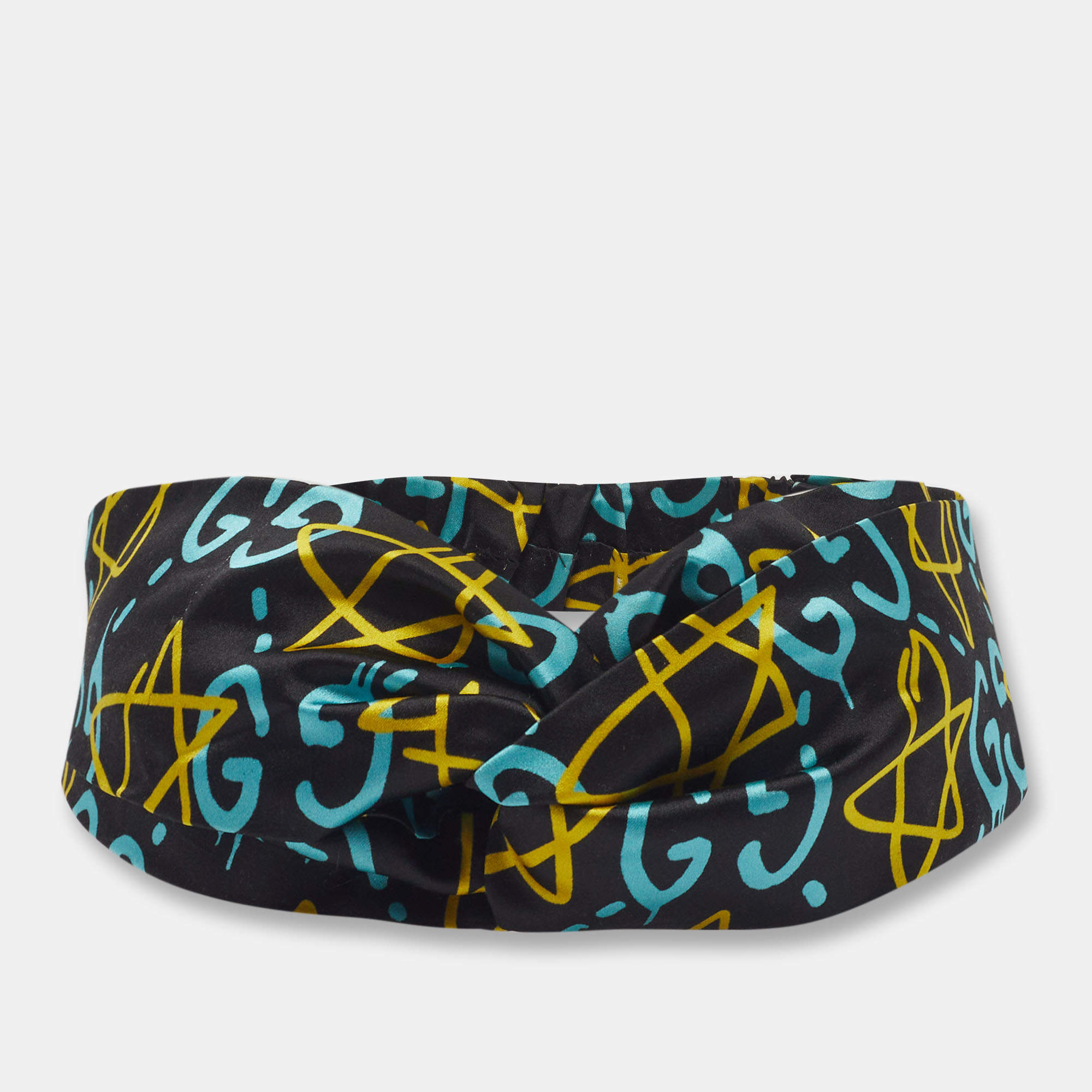Pre Owned Gucci Black GG Graffiti Star Print Ghost Silk Twist Headband