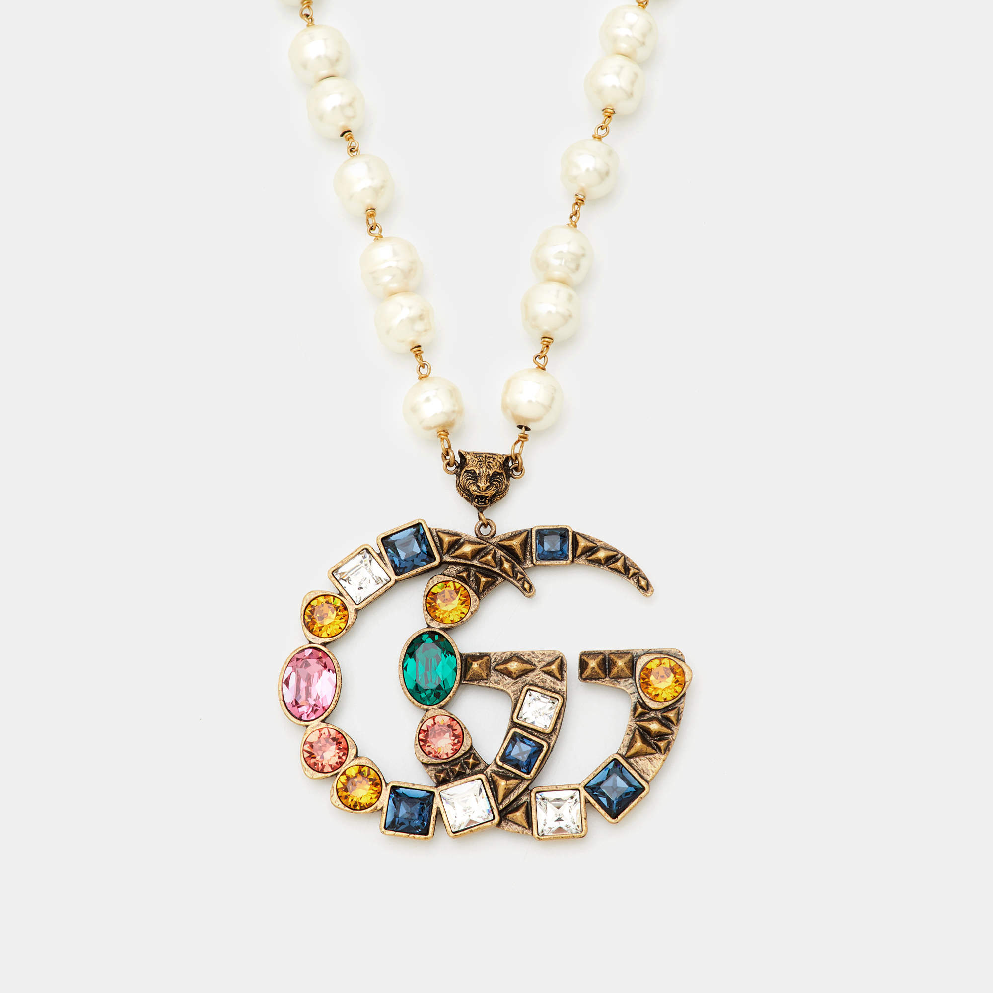 Pre Owned Gucci Double G Multicolor Crystal Faux Pearl Gold Tone Long Necklace 