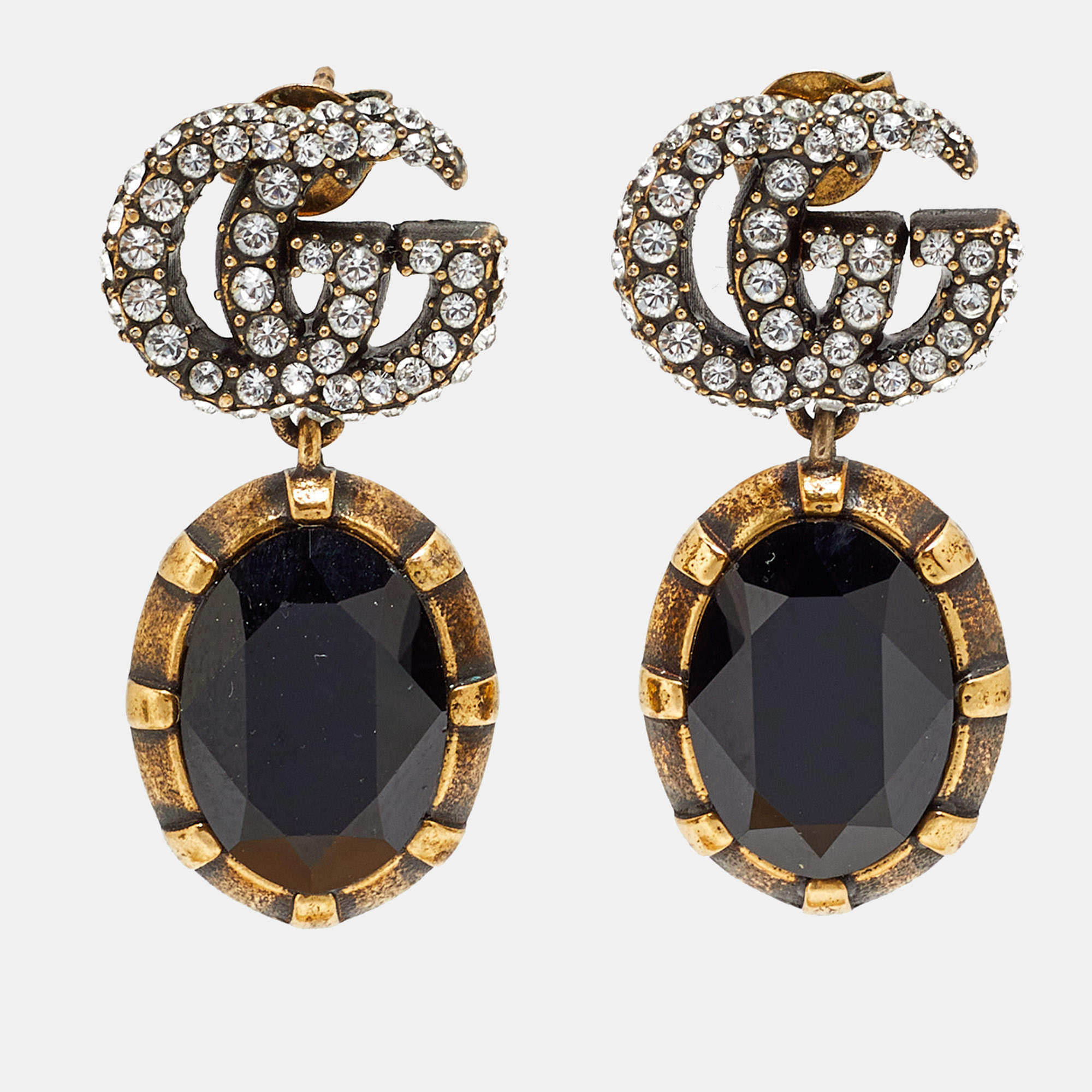 Pre Owned Gucci GG Marmont Crystals Gold Tone Drop Earrings