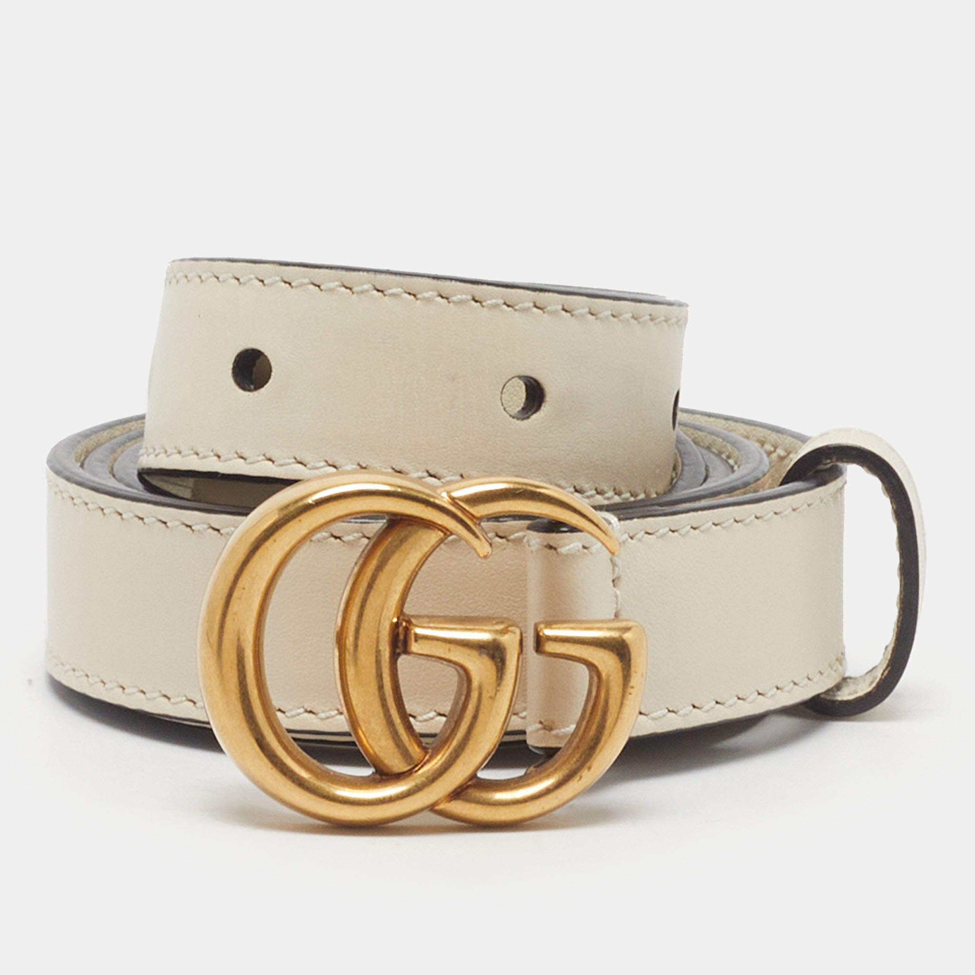 Pre Owned Gucci GG Marmont 75 CM Slim Buckle Belt Off White Leather