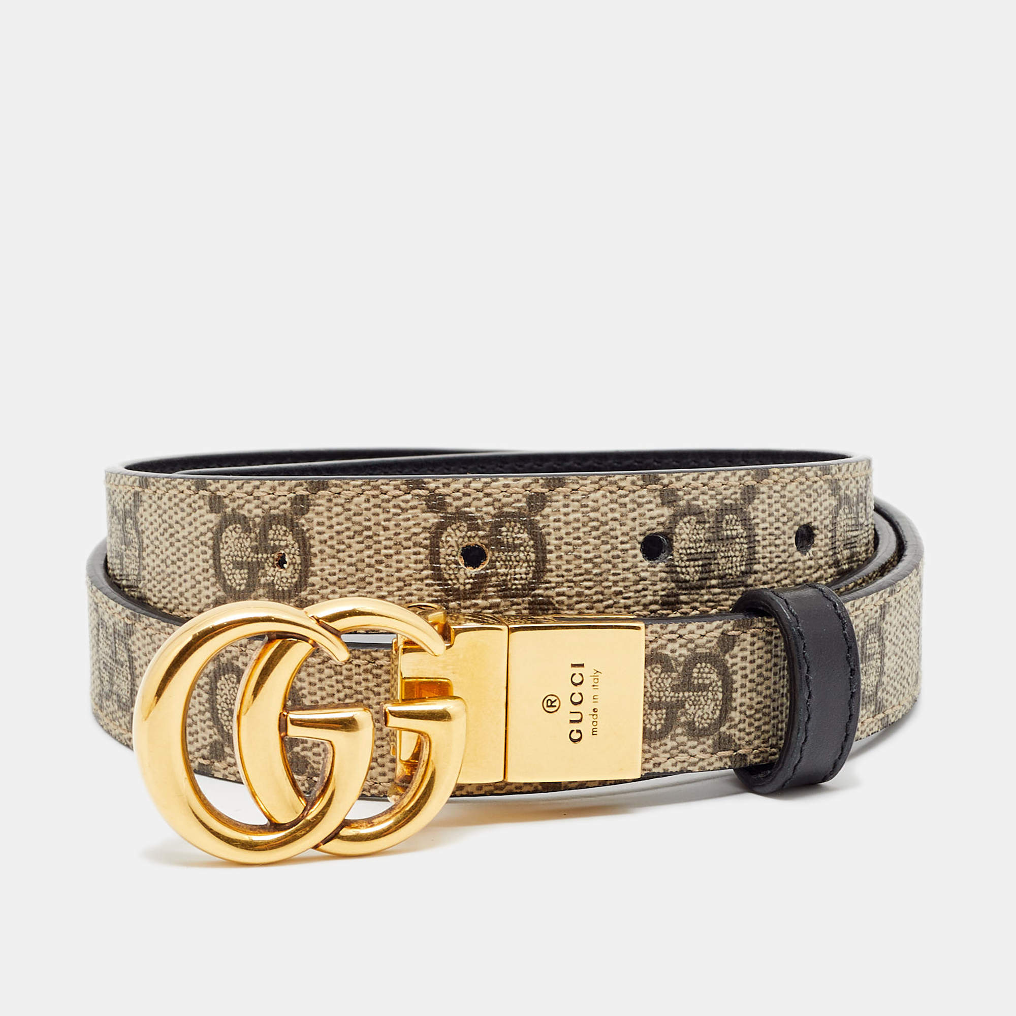 Pre Owned Gucci GG Marmont 80 CM Reversible Buckle Belt Beige GG Supreme Canvas