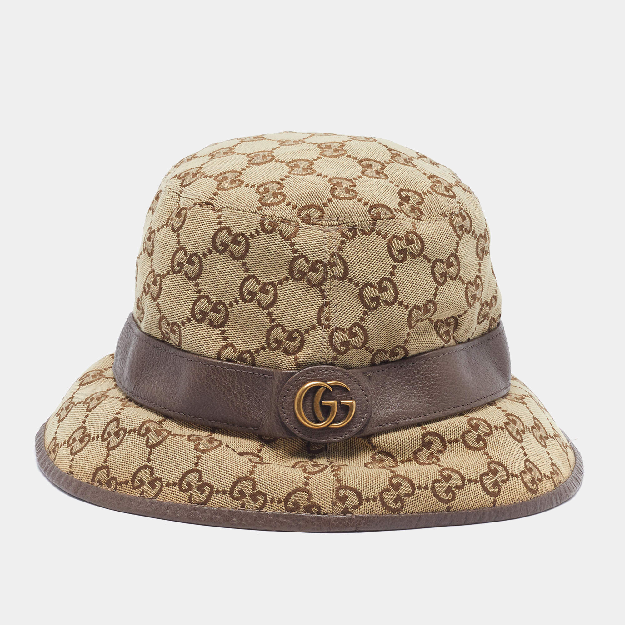 Pre Owned Gucci Beige Monogram Canvas Jacquard Leather Trim Bucket Hat S
