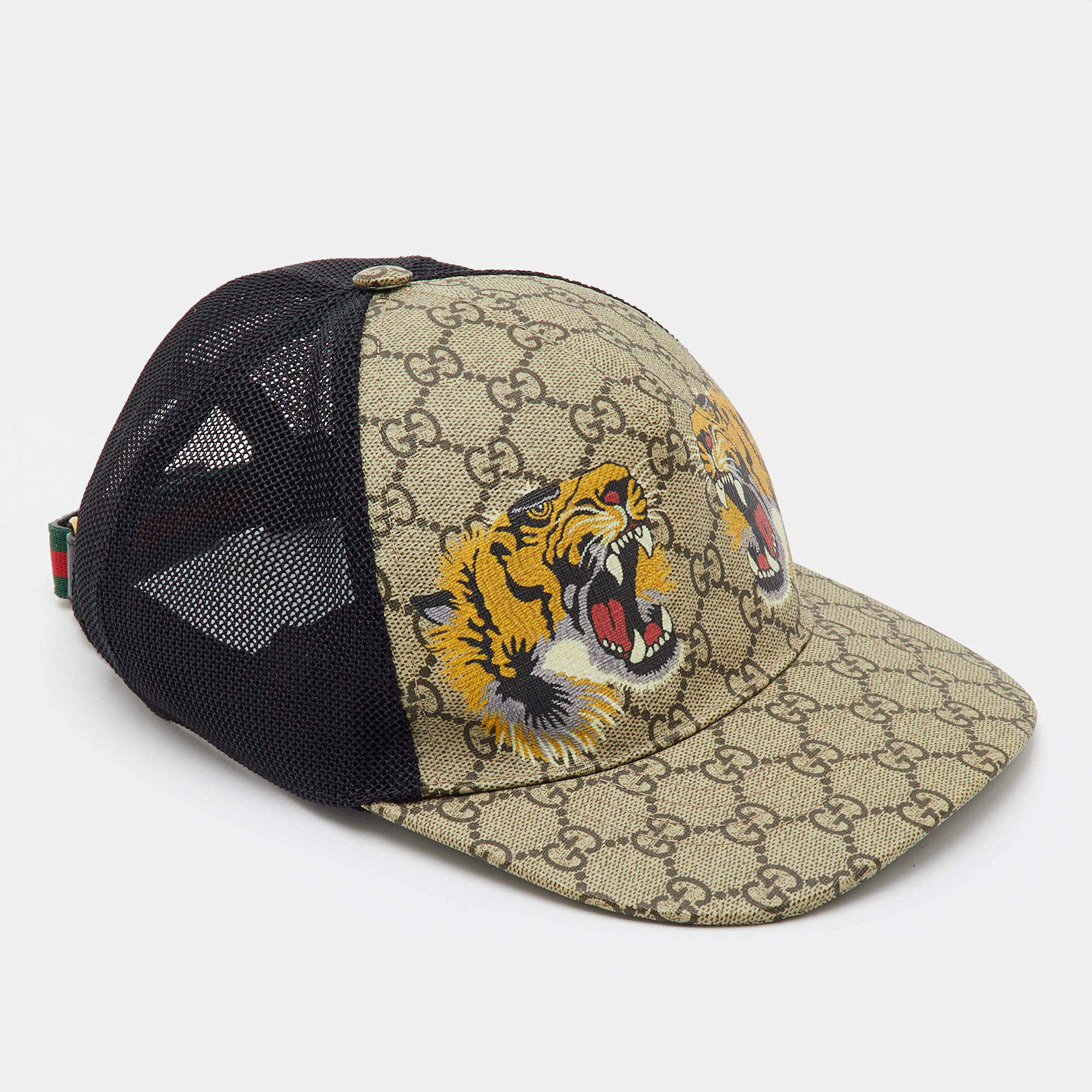 Pre Owned Gucci Beige/Black Tiger Print GG Monogram Canvas Baseball Hat M/58