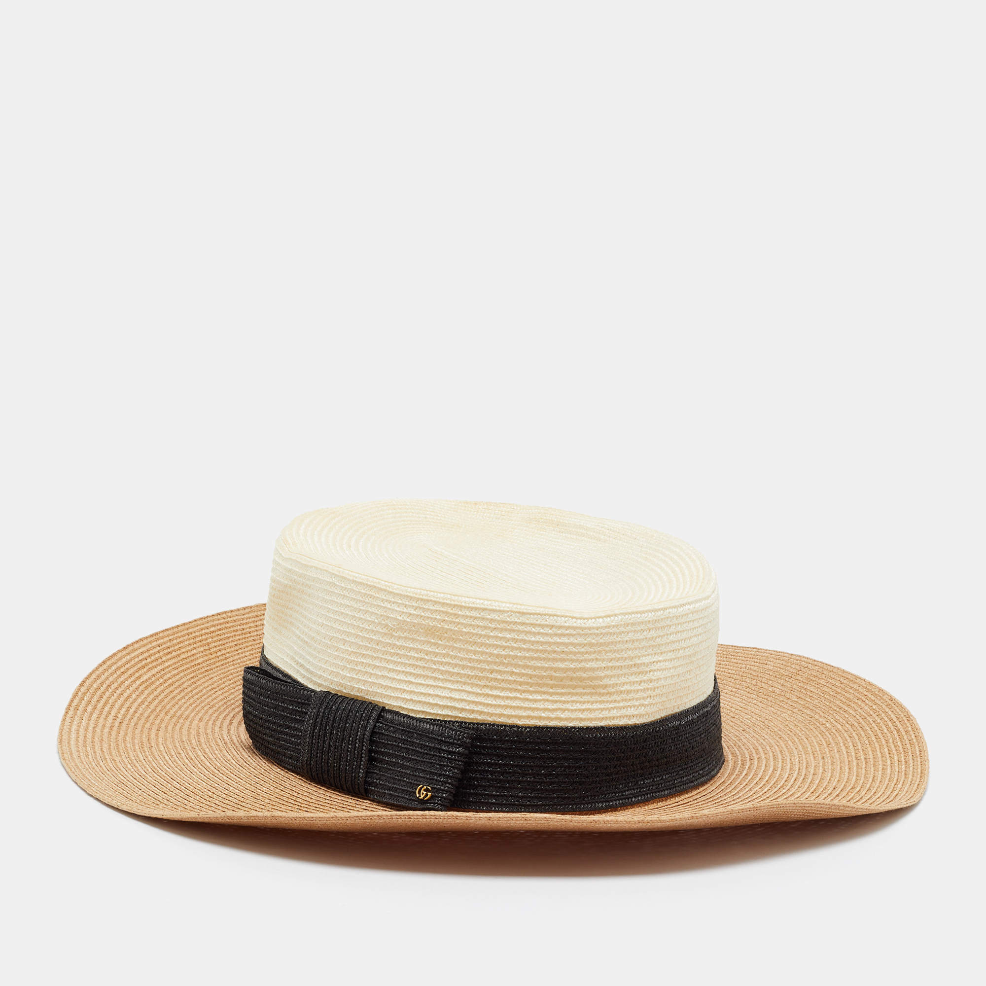 Pre Owned Gucci Beige/Cream Bow & Gross Gain Detail Straw Boater Hat M
