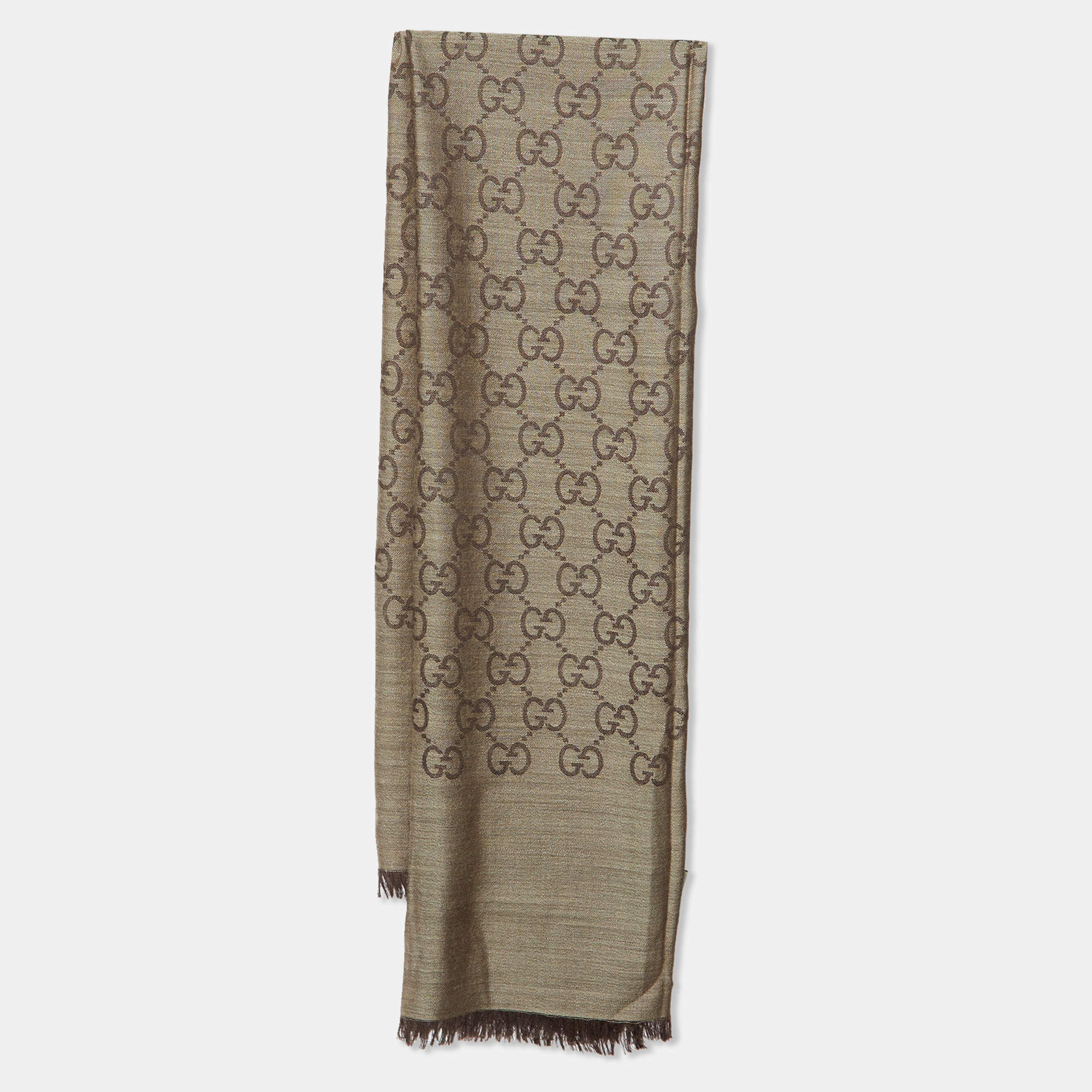 Pre Owned Gucci Brown GG Monogram Jacquard Wool & Silk Scarf