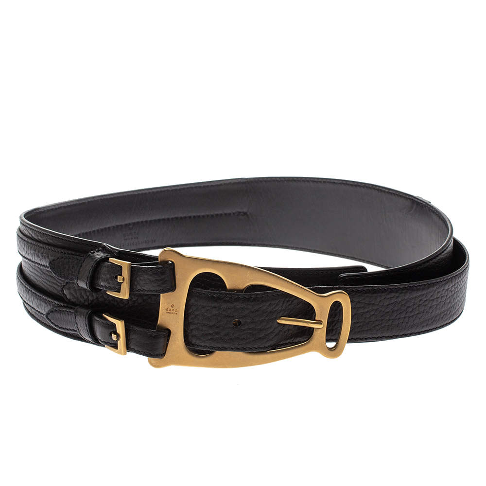 Pre Owned Gucci Black Leather Waist Buckle Belt 85CM