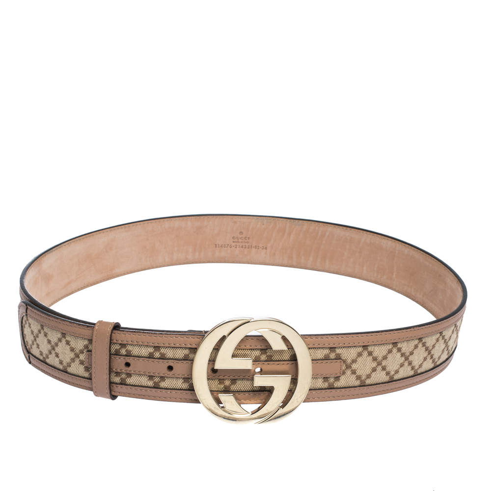 Pre Owned Gucci Beige Diamante Canvas and Leather Interlocking G Buckle Belt 85CM