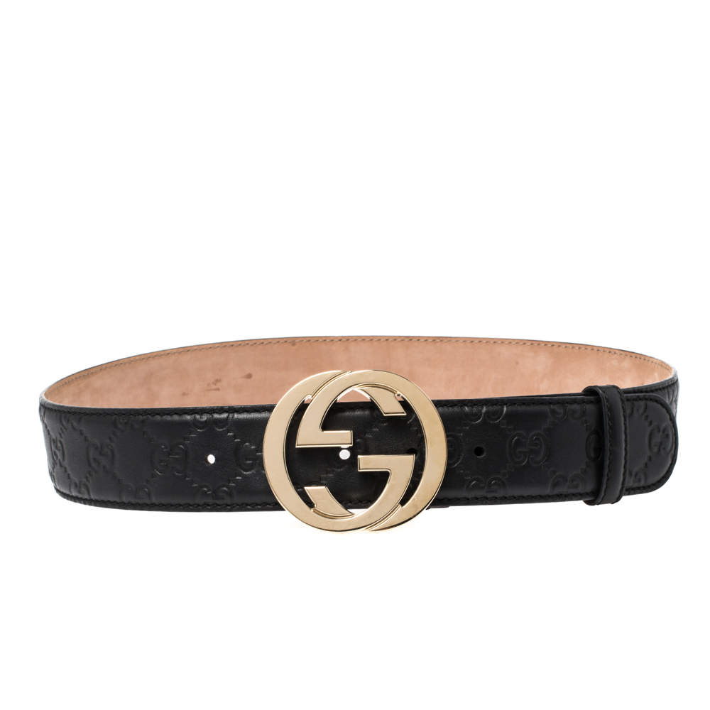 Gucci Black Guccissima Leather Interlocking G-Buckle Belt 80CM
