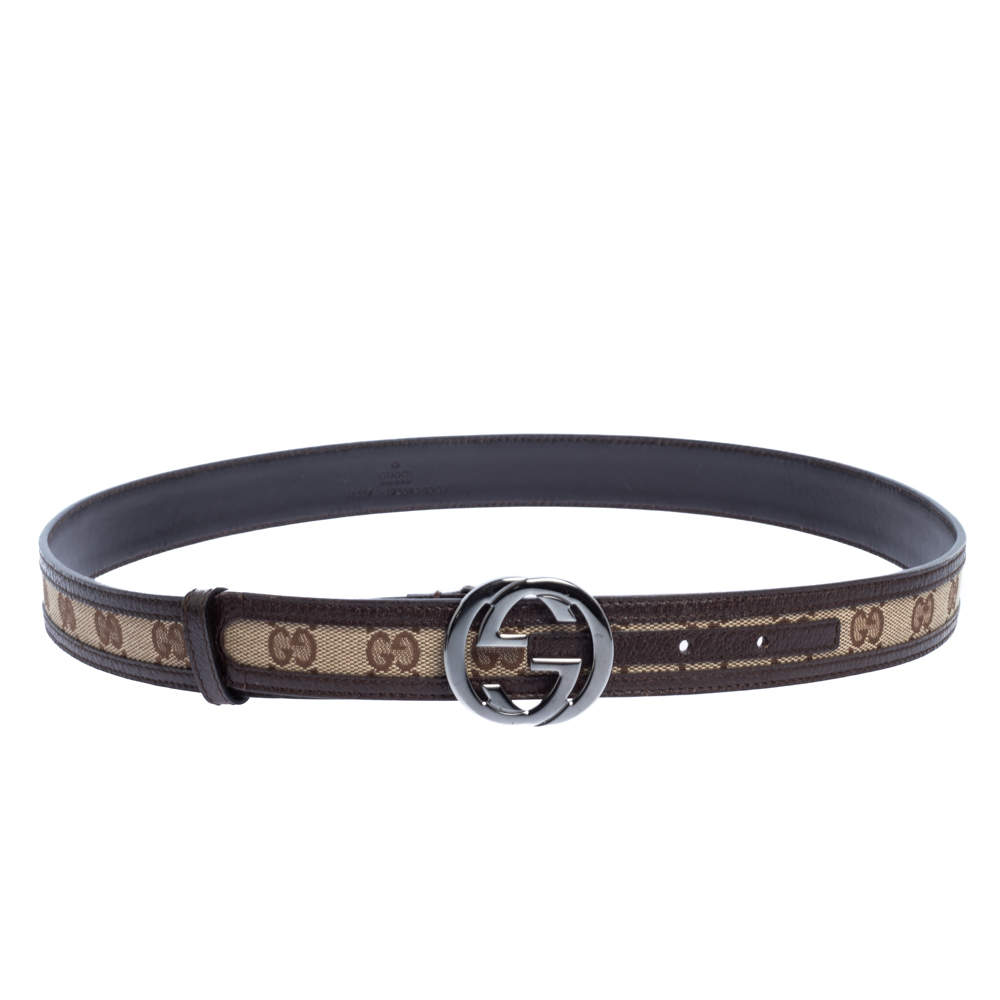 Pre Owned Gucci Beige/Brown GG Canvas and Leather Interlocking G Buckle Belt 90CM