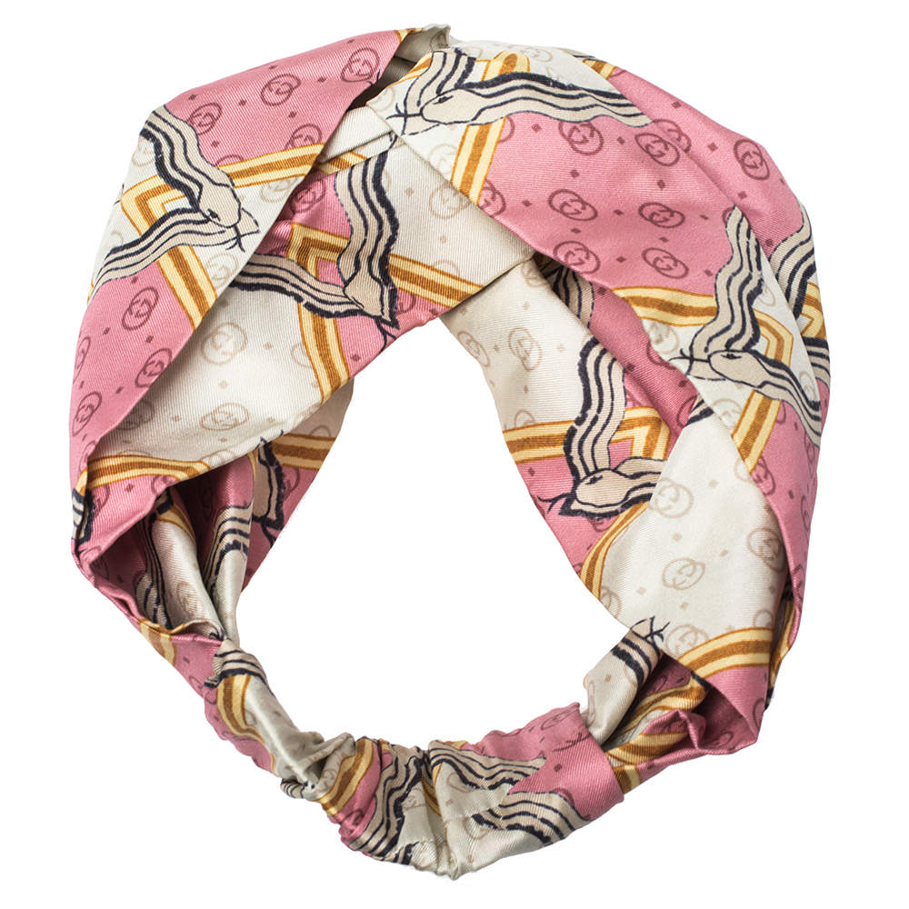 Gucci Pink Snake Rhombus Print Silk Headband M