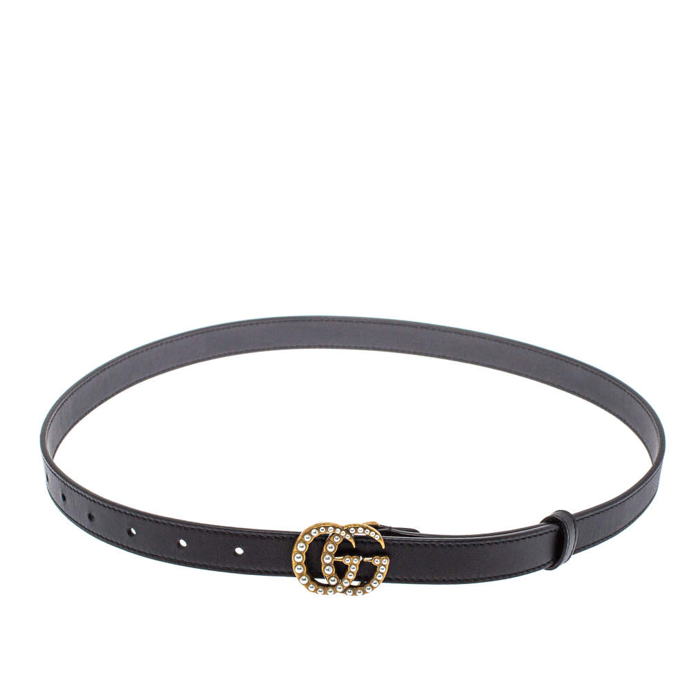 Pre Owned Gucci Black Leather GG Marmont Pearl Embellished Buckle Belt 85CM