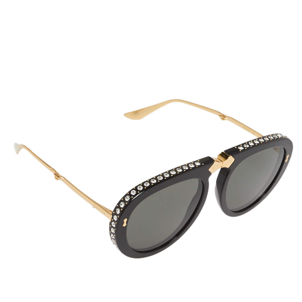 Gucci Black Crystal Studded /  Grey GG0307S Foldable Pilot Sunglasses