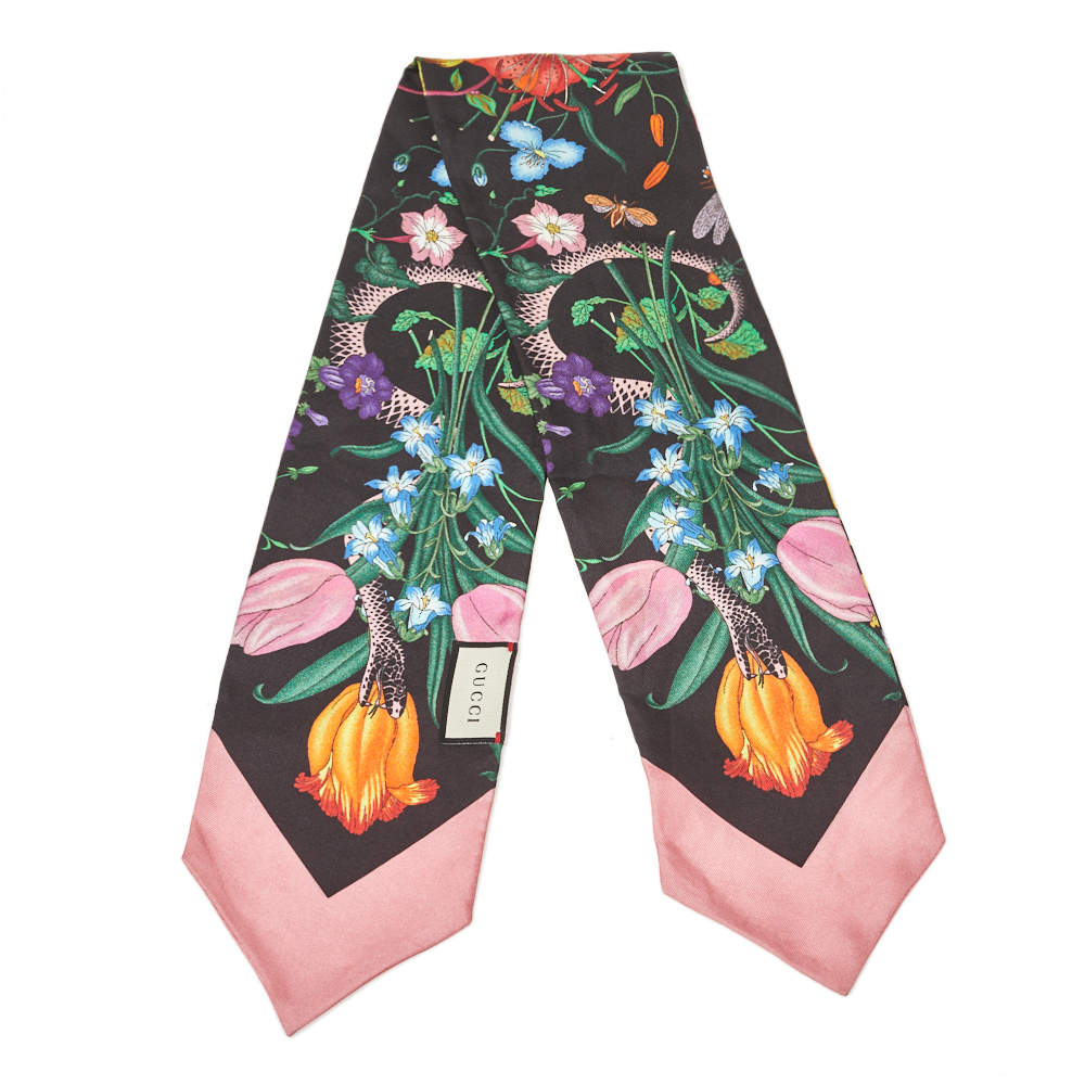 Gucci Black & Pink Flora Snake Print Silk Neck Bow
