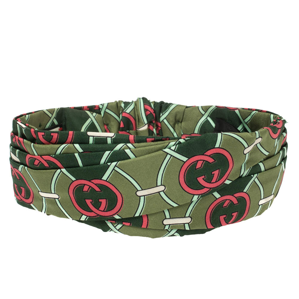 Gucci Green Logo Print Wrap Silk Headband