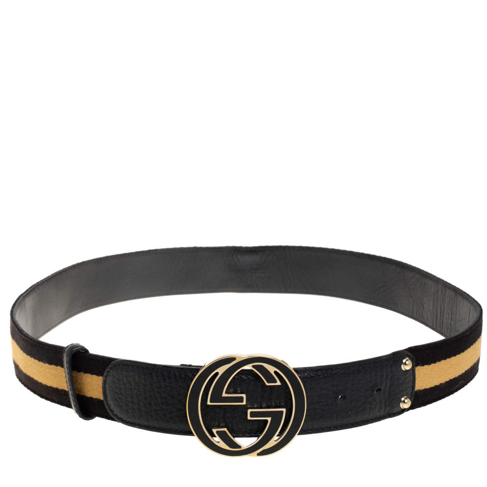 Pre Owned حزام غوتشي جلد و كانفاس أسود / بيج حرفي جي جي متشابكين بإبزيم 90 سم