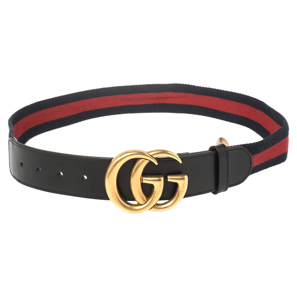 Pre Owned Gucci Black Web Canvas and Leather Double G Buckle Belt 85 CM