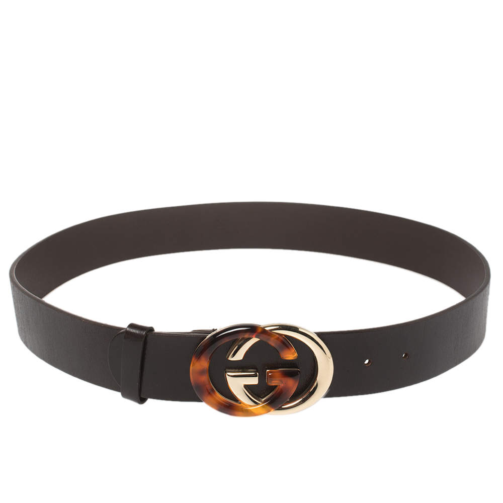 Pre Owned Gucci Dark Brown Leather GG Buckle Belt 95CM