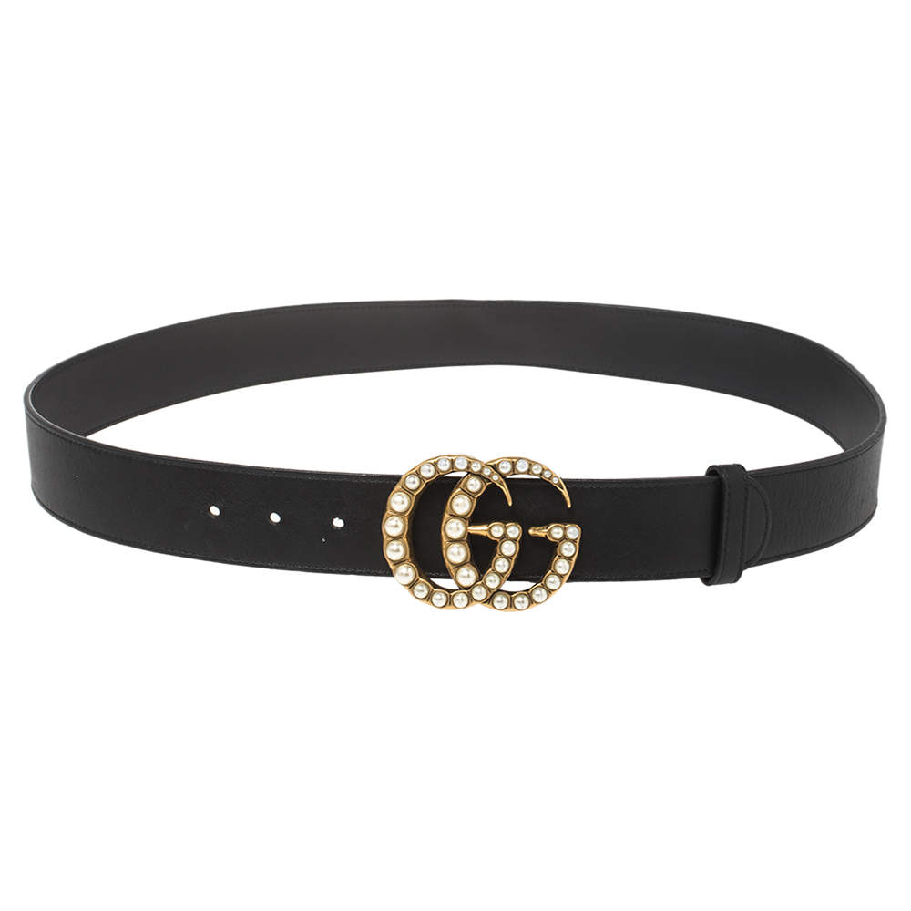 مملوكة مسبقًا حزام غوتشي إبزيم حرف جي مزدوج مزخرف لؤلؤ جي جي جلد أسود 100 سم