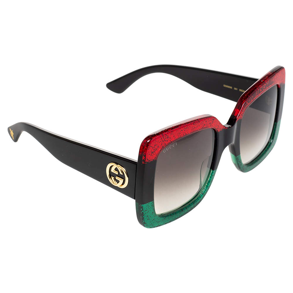 نظارة شمسية غوتشي مربعة GG0083S غليتر أحمر/أخضر كبيرة جدًا 