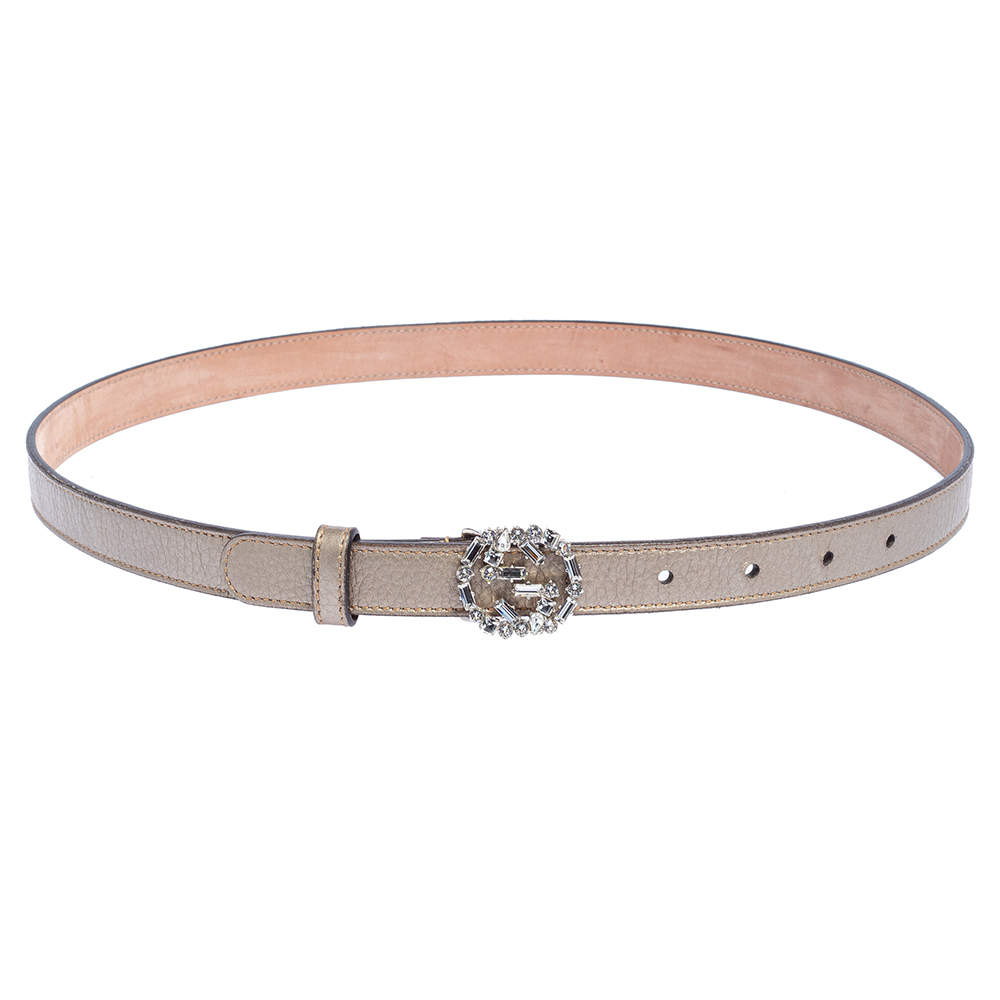 Pre Owned Gucci Gold Leather Crystal Embellished Interlocking G Slim Belt 80 CM