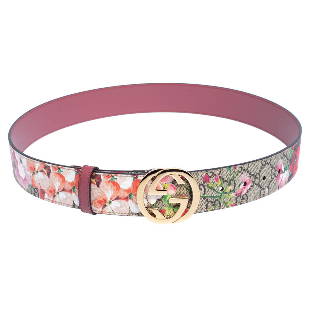 Pre Owned Gucci Beige/Pink GG Supreme Blooms Print Canvas Interlocking G Buckle Belt 90 CM