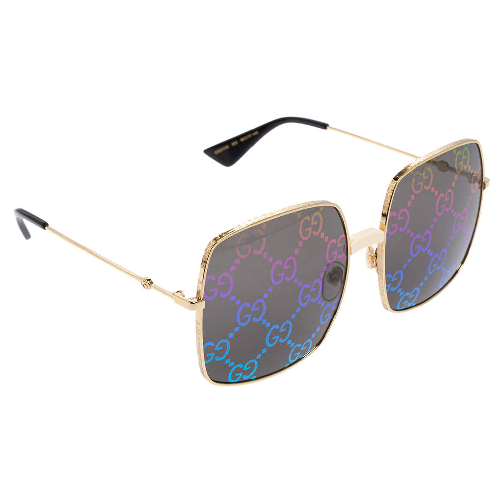 Pre Owned Gucci Multicolor Guccissima Acetate and Gold Metal Tone GG414S Square Sunglasses