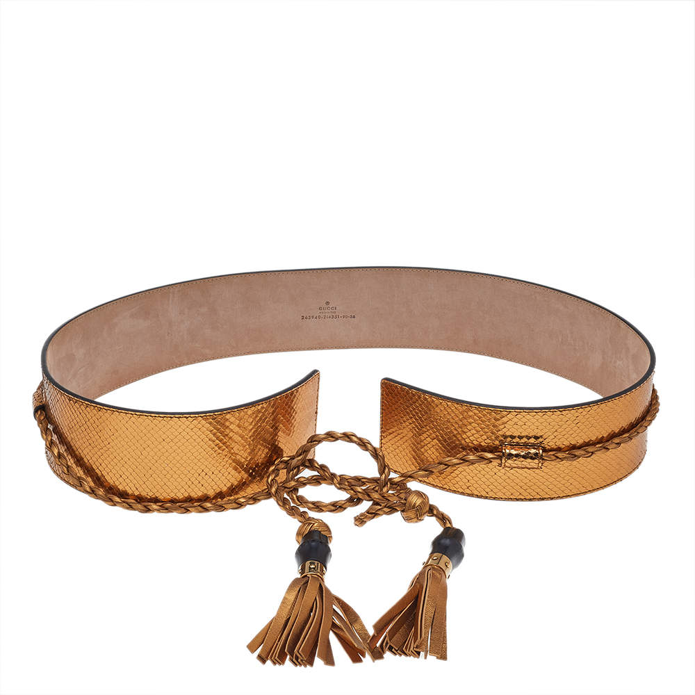مملوكة مسبقًا Gucci Gold Snakeskin Tassel Waist Belt 90 CM