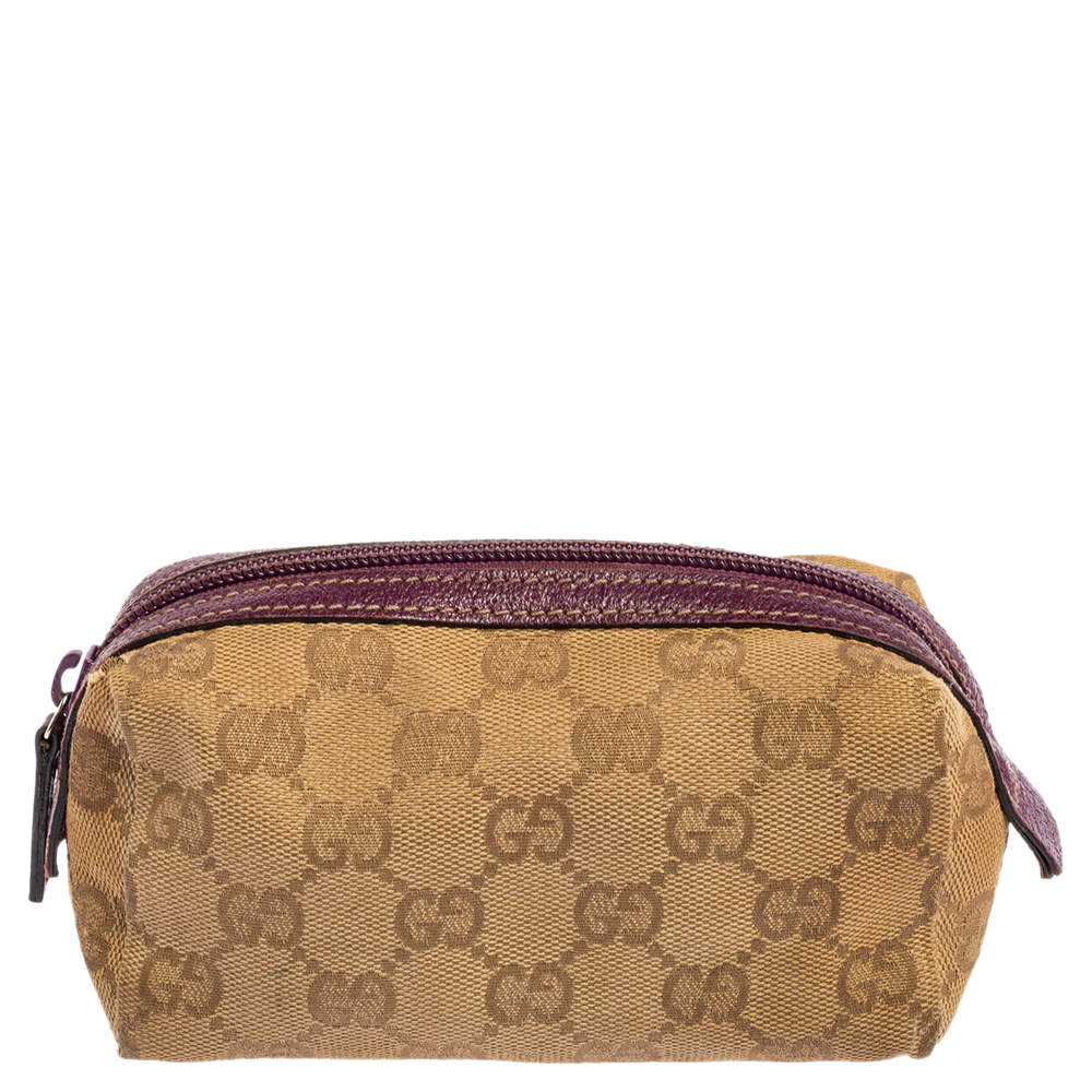Pre Owned Gucci Beige/Purple GG Canvas and Leather Cosmetic Pouch