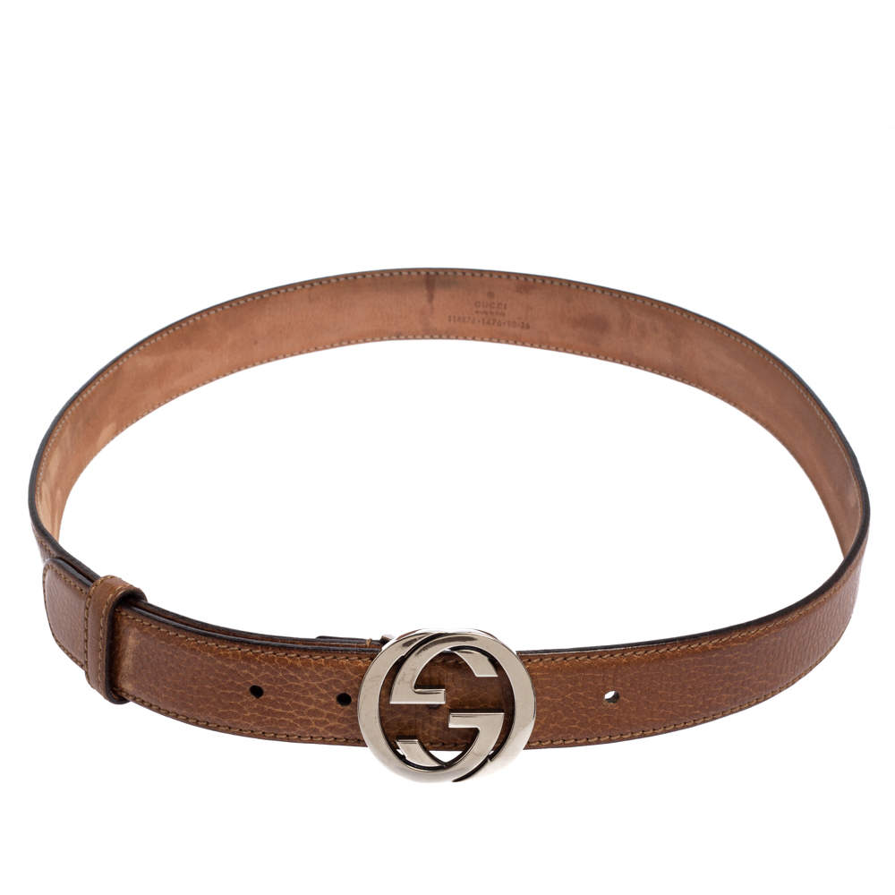 مملوكة مسبقًا Gucci Tan Grained Leather Interlocking G Buckle Belt 90CM