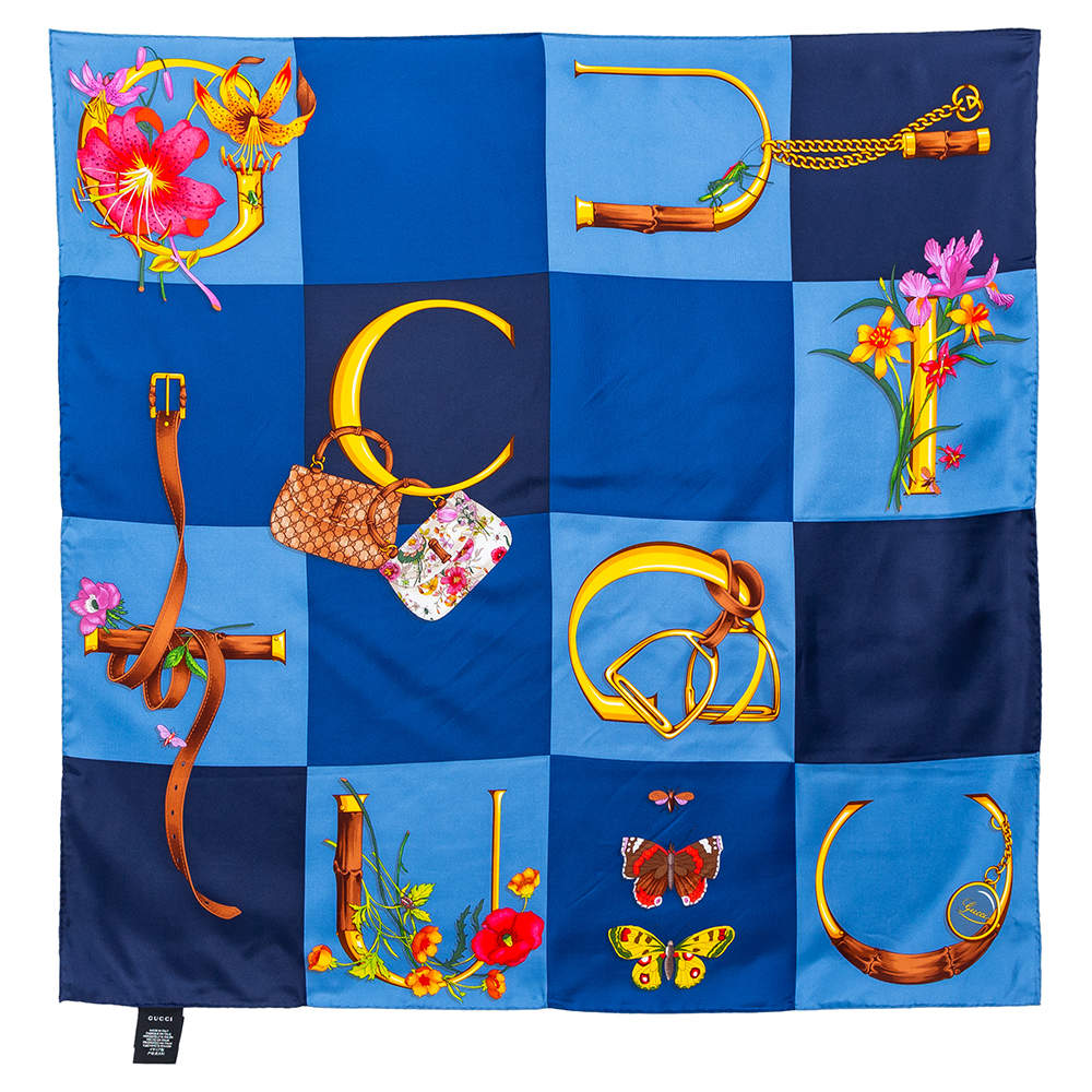 مملوكة مسبقًا وشاح غوتشي حرير طباعة أيقون متعدد أزرق