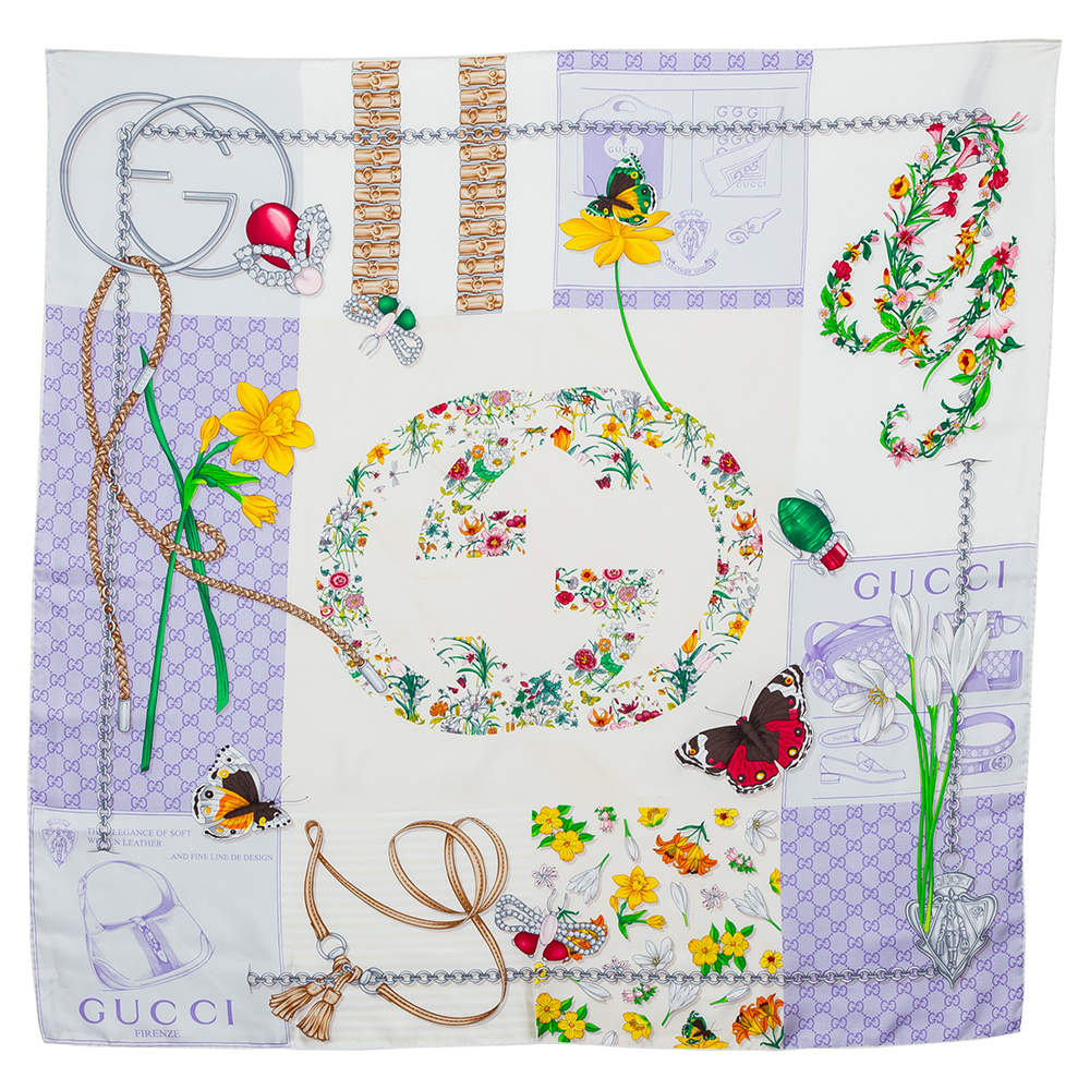 مملوكة مسبقًا وشاح غوتشي مربع حرير متعدد الطباعة متعدد الألوان
