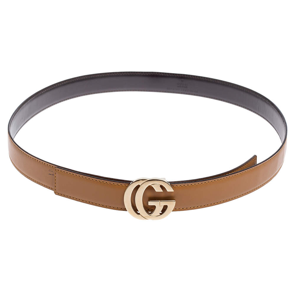 Gucci Beige/Brown Leather GG Buckle Slim Waist Belt 85CM