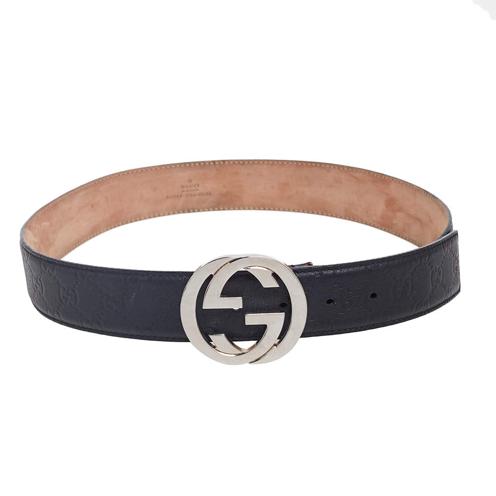 Pre Owned Gucci Black Guccissima Leather Interlocking GG Buckle Belt 85 CM