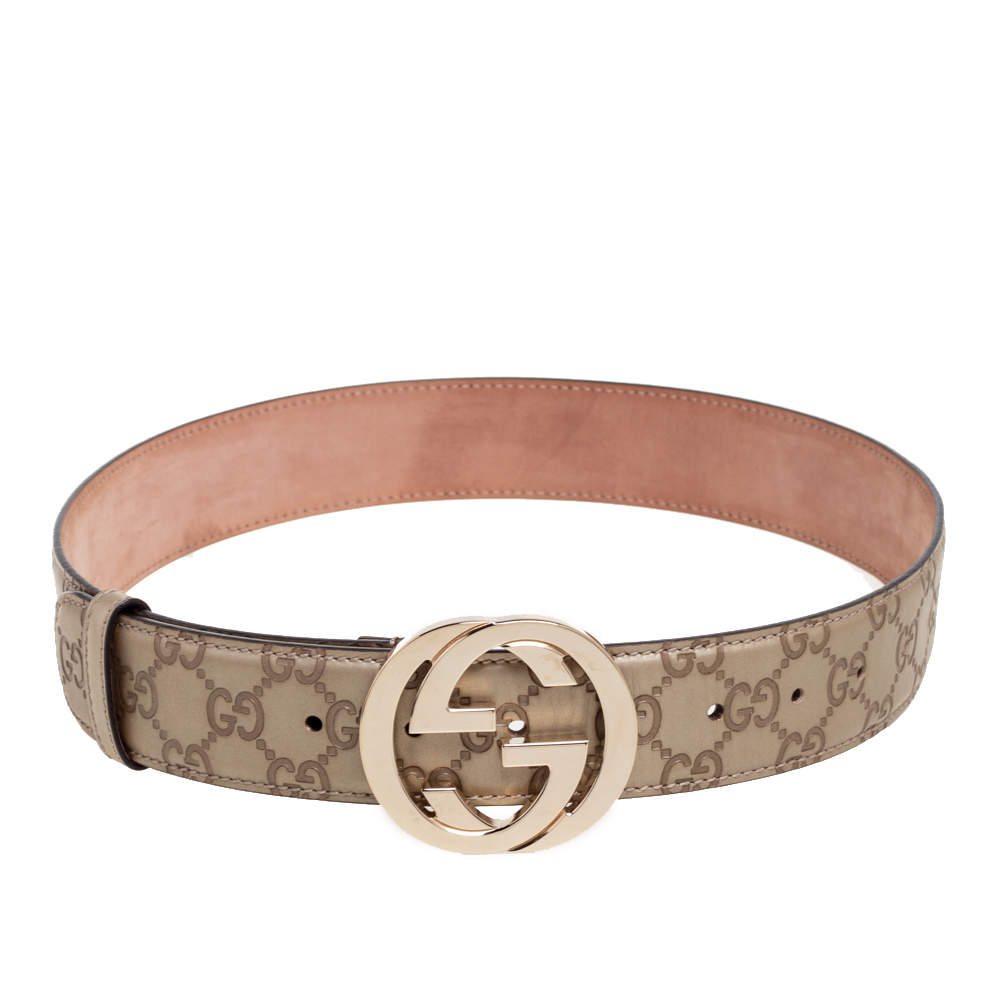 مملوكة مسبقًا Gucci Light Gold Guccissima Leather Interlocking G Buckle Belt 80CM