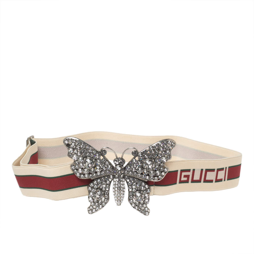 Pre Owned حزام خصر غوتشي كريمي / أحمر مرن بفراشة مزينة بالكريستال  85 سم