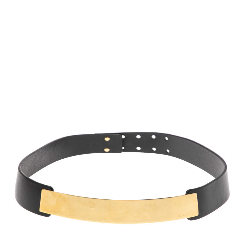 Pre Owned Gucci Black Leather Gold Plate Waist Belt 80CM