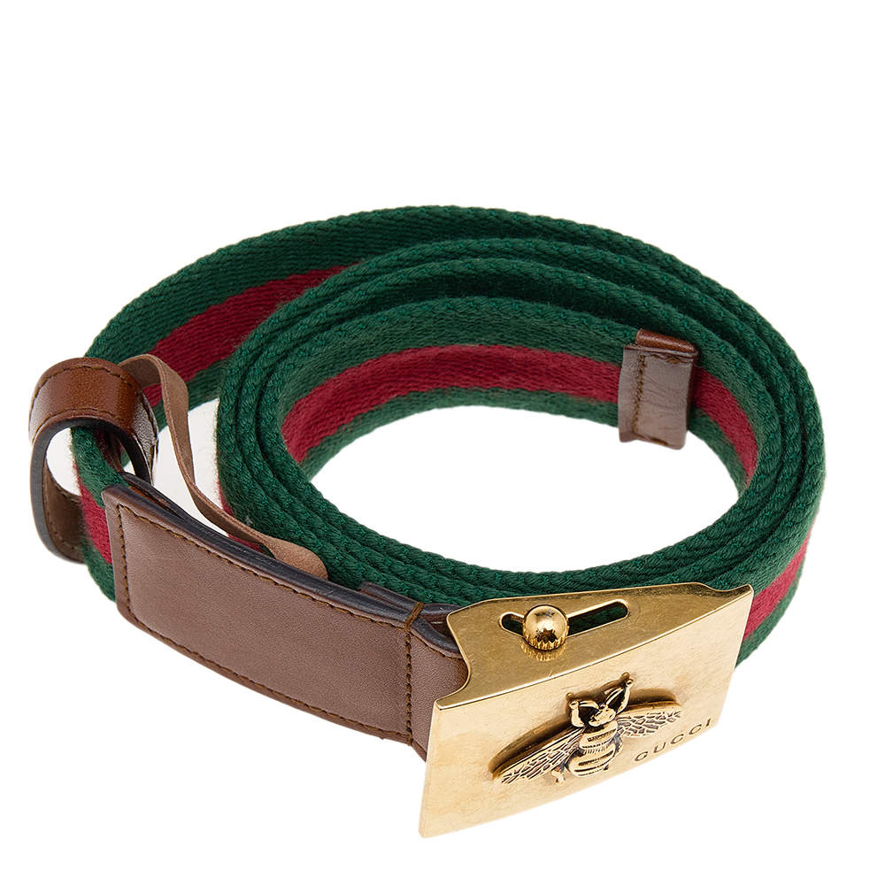 Gucci Brown/Green Web Tape And Leather Bee Plague Buckle Belt 80 CM Gucci