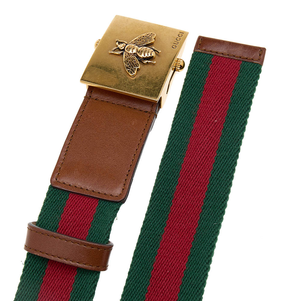 Gucci Brown/Green Web Tape And Leather Bee Plague Buckle Belt 80 CM Gucci