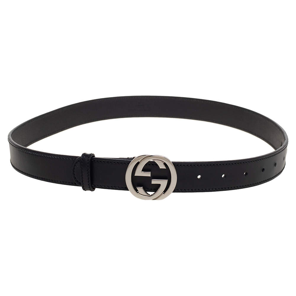 مملوكة مسبقًا حزام غوتشي إبزيم جي متشابك جلد أسود  90 سم