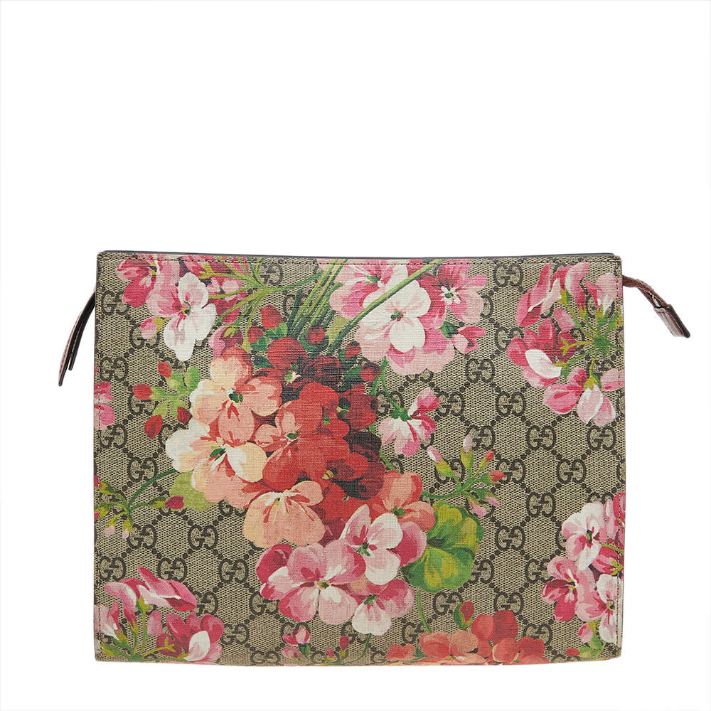 مملوكة مسبقًا Gucci Beige/Brown GG Supreme Canvas Blooms Cosmetic Case