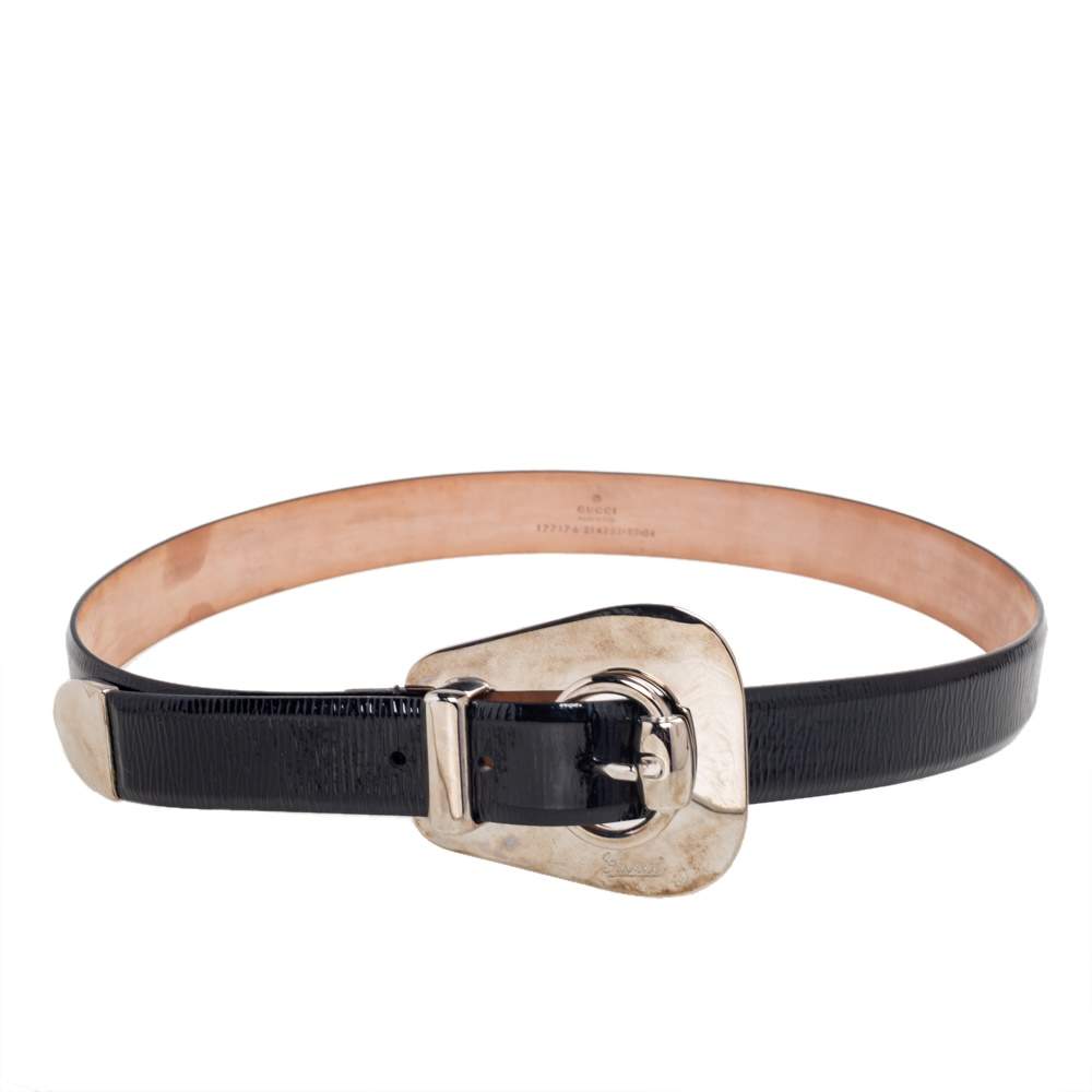 Gucci Black Patent Leather Horsebit Buckle Belt 85CM