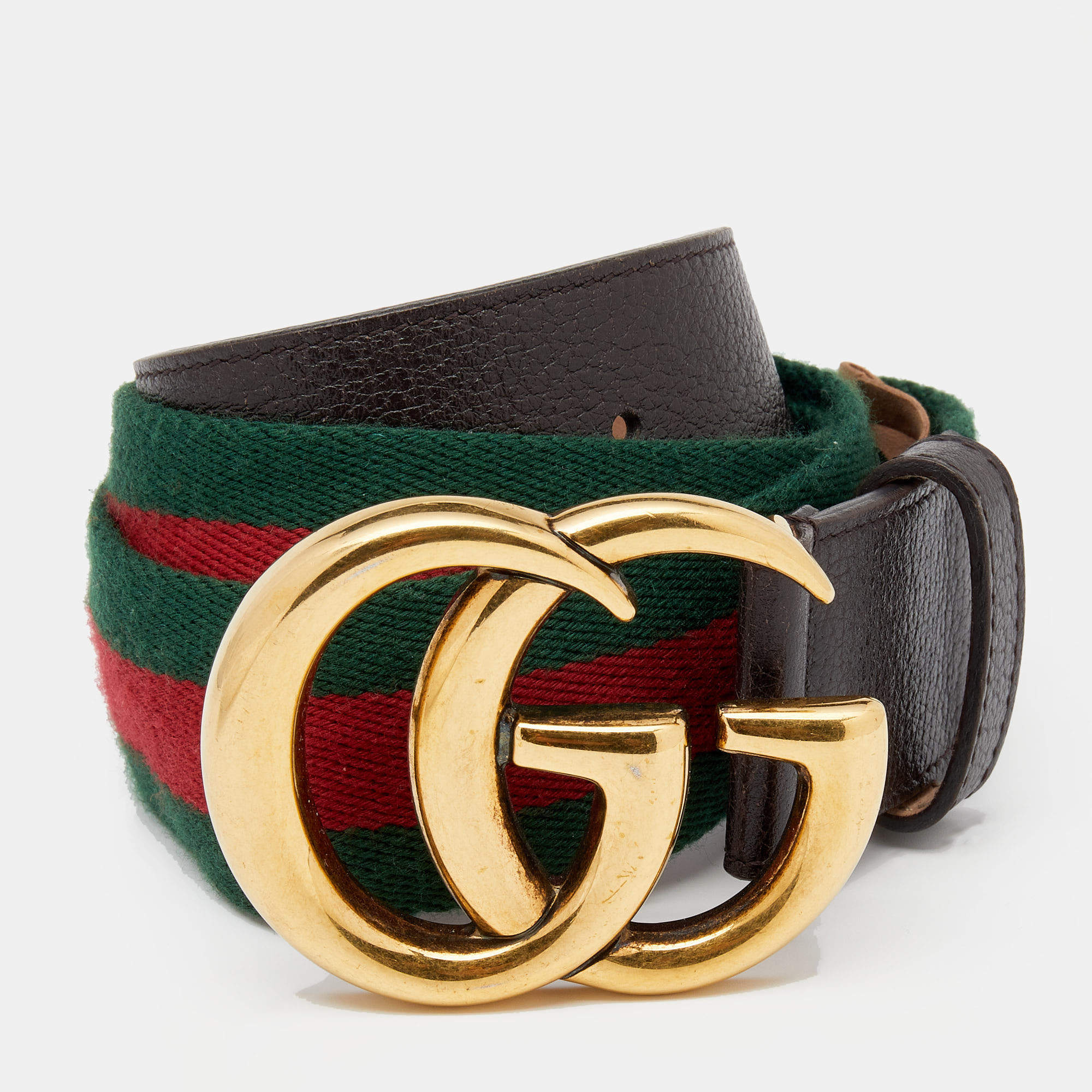 Pre Owned Gucci Multicolor Web Canvas And Leather GG Marmont Belt 85 CM