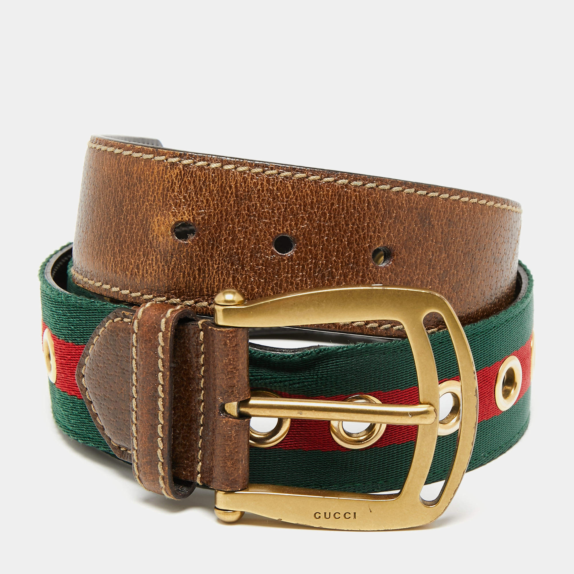 Pre Owned حزام غوتشي جروميت كانفاس شريط ويب وجلد بإبزيم مقاس 85 سم