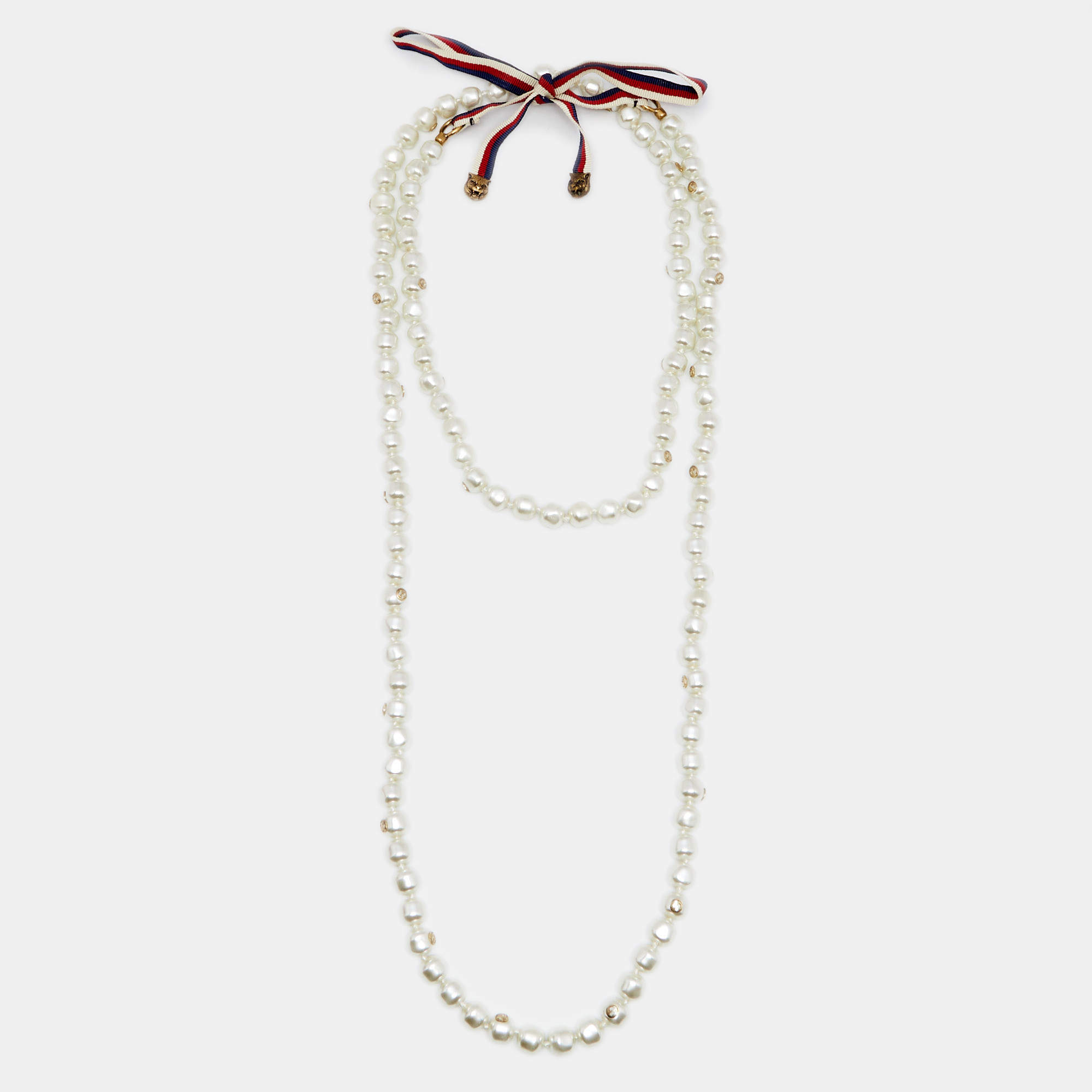 Gucci Faux Pearls Ribbon Gold Tone Metal Beaded Necklace