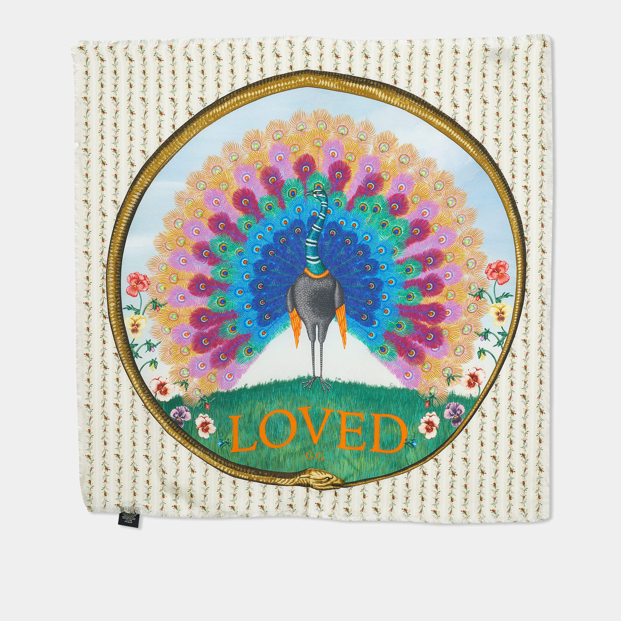 Pre Owned Gucci Cream Loved Peacock Print Fringed Silk Scarf