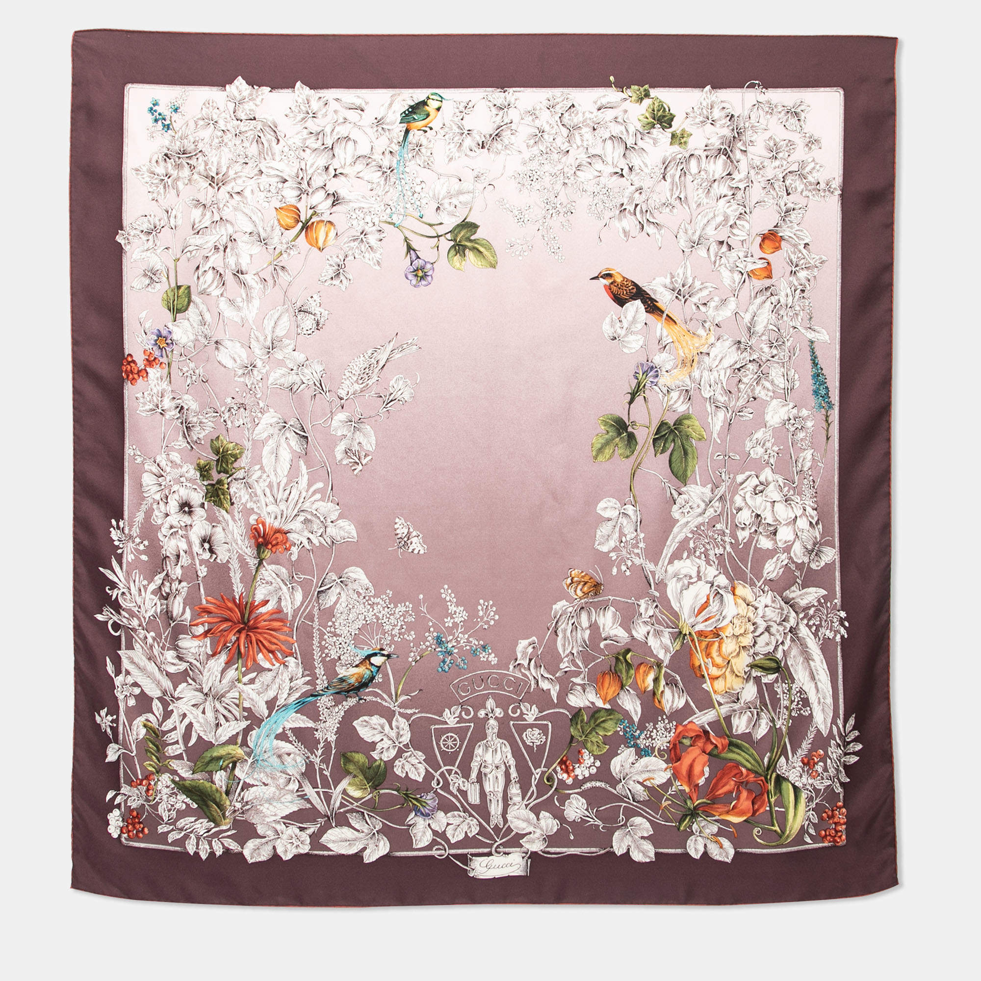 مملوكة مسبقًا Gucci Mauve Floral Bird Print Silk Scarf