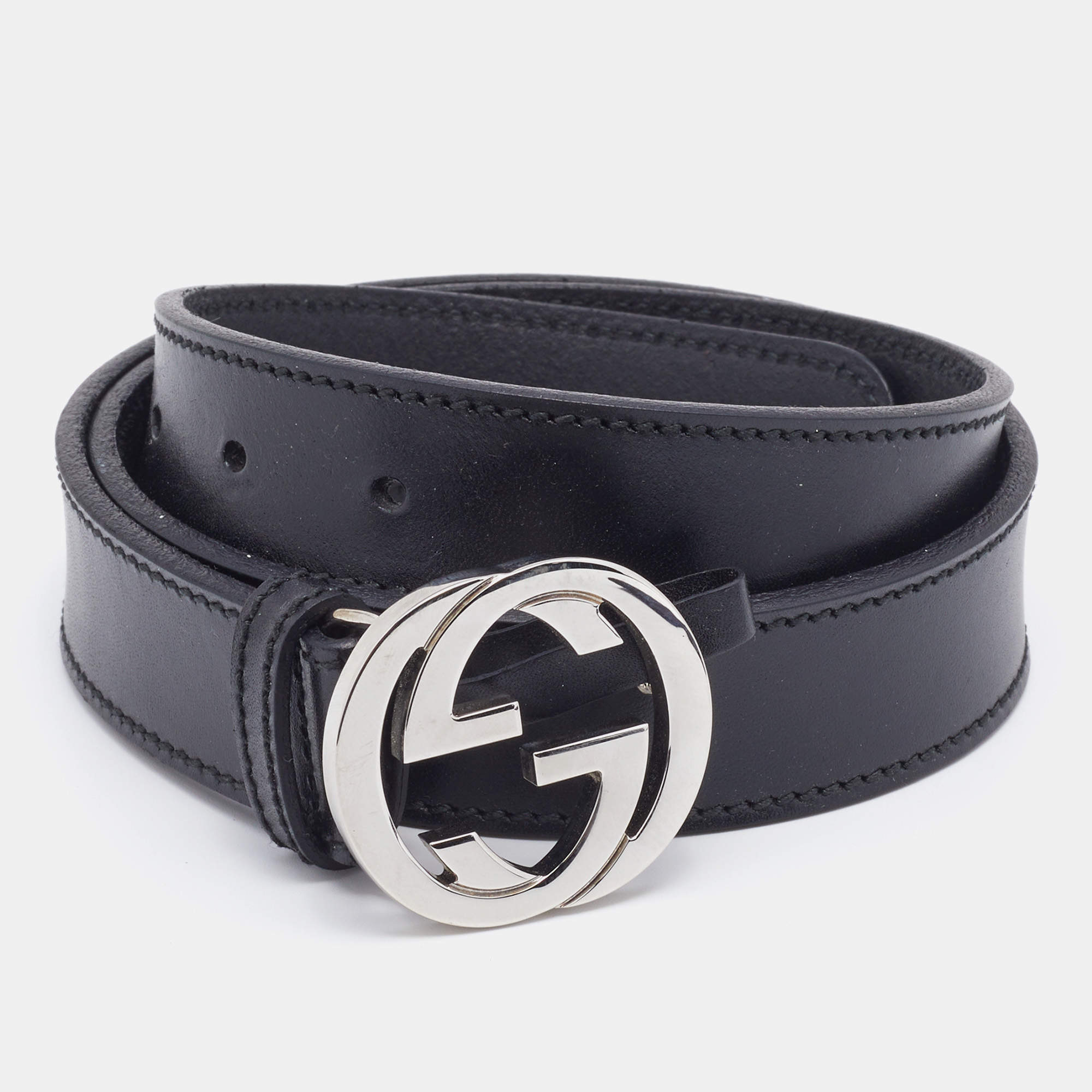 Pre Owned Gucci Black Leather Interlocking G Buckle Belt 85 CM